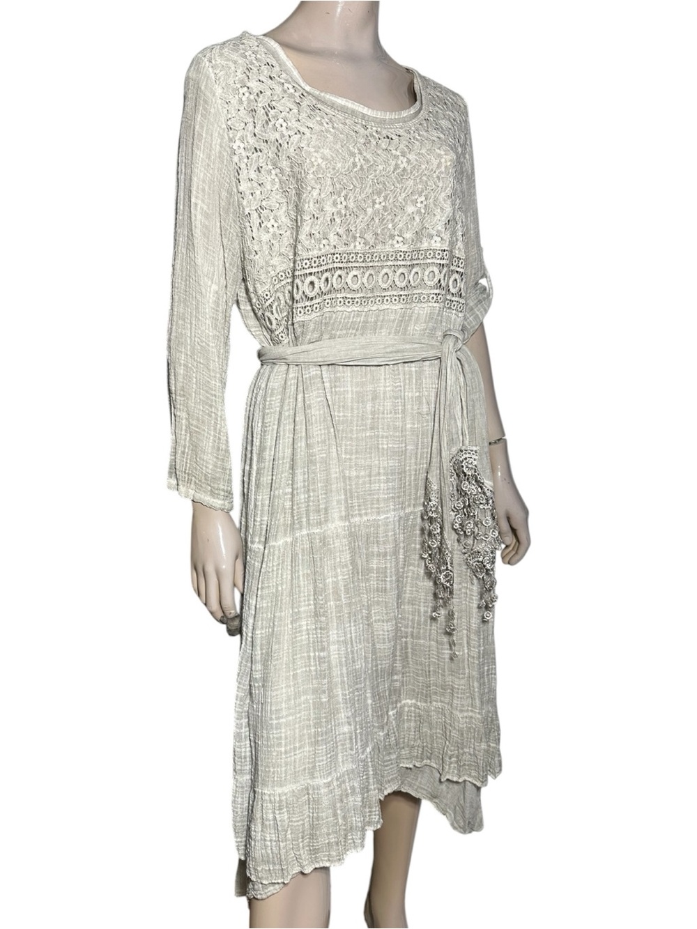 Made in Italy Size 1 S Tan Beige Crinkle Cotton Crochet Panel Long Sleeve Dress